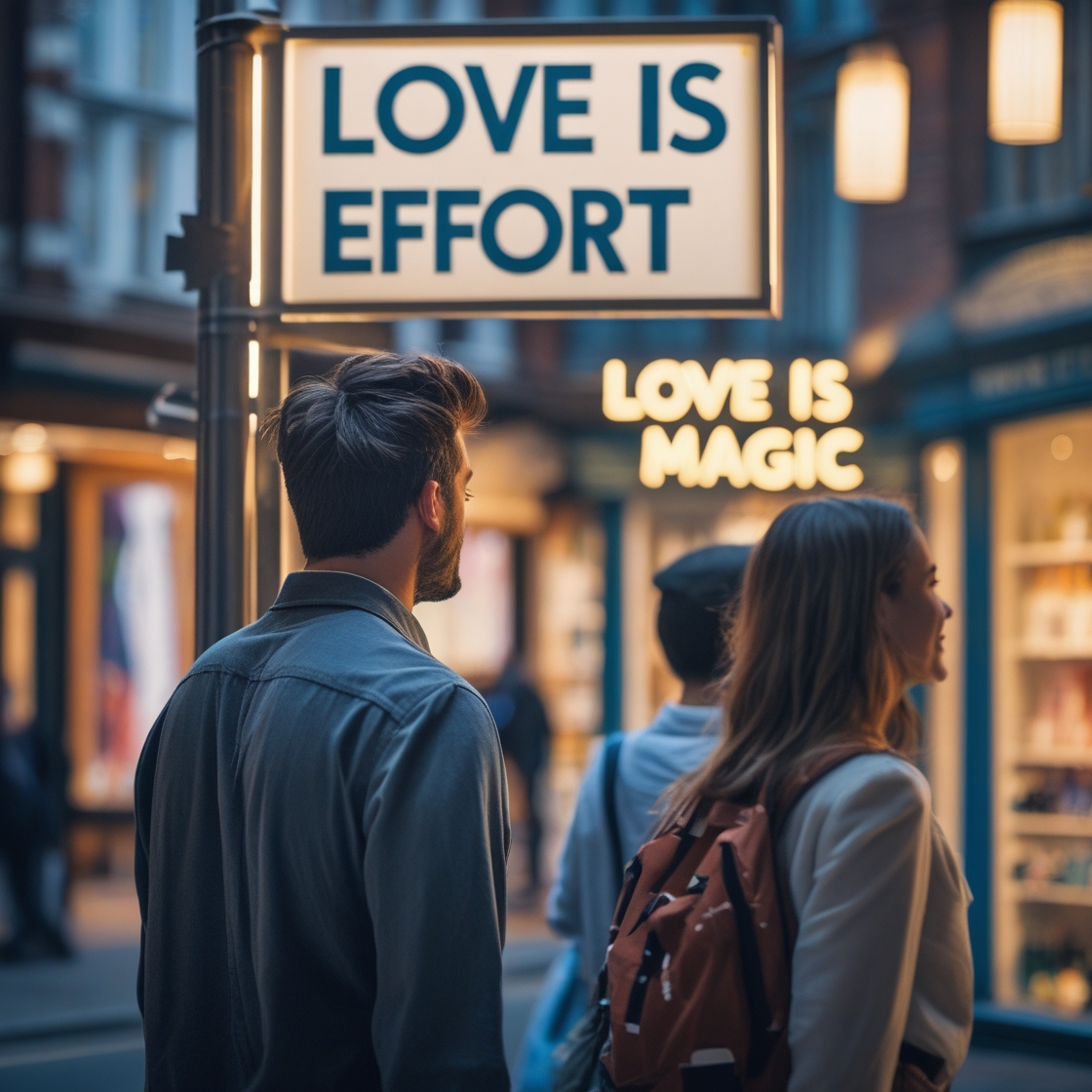 A man looking at a “Love is Effort” sign while others still chase “Love is Magic”, showing how real love is built.