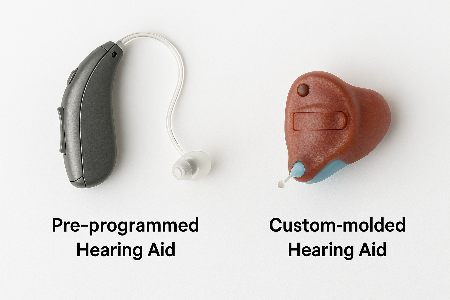 A labeled image comparing a pre-programmed behind-the-ear hearing aid with a custom-molded in-the-ear hearing aid on a white background.