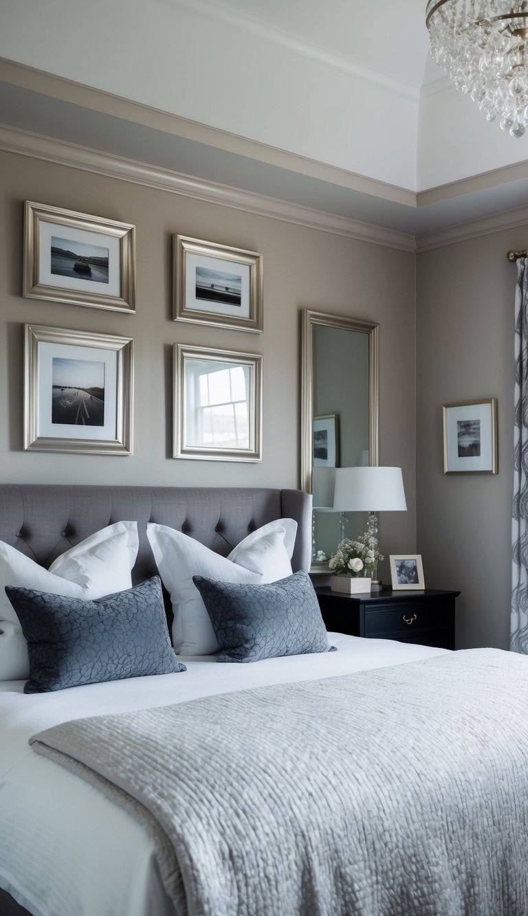 A master bedroom with silver picture frames on the walls, adding a romantic touch to the decor