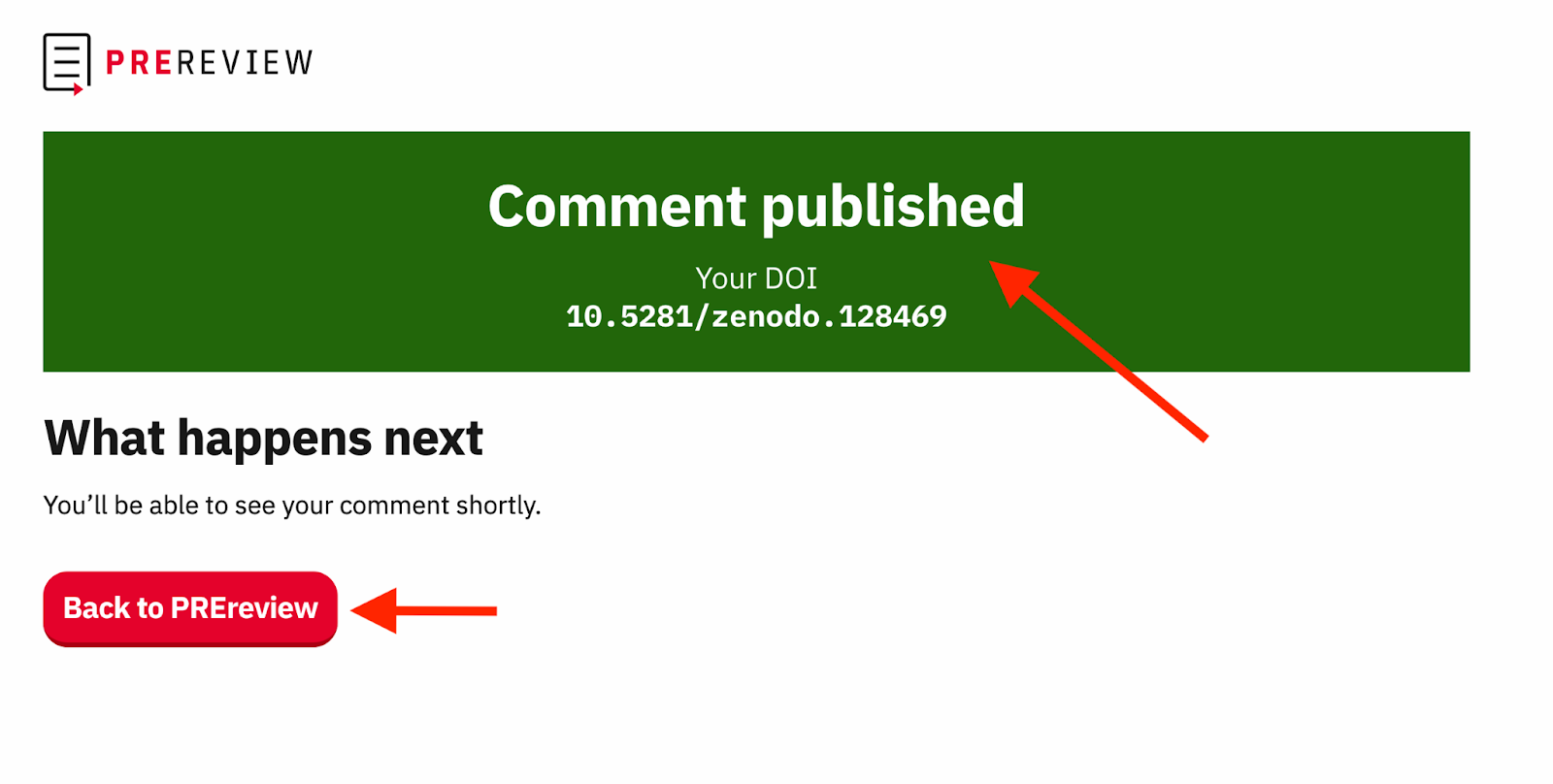 This is a screenshot from PREreview.org displaying the confirmation message you get when you successfully publish a comment.