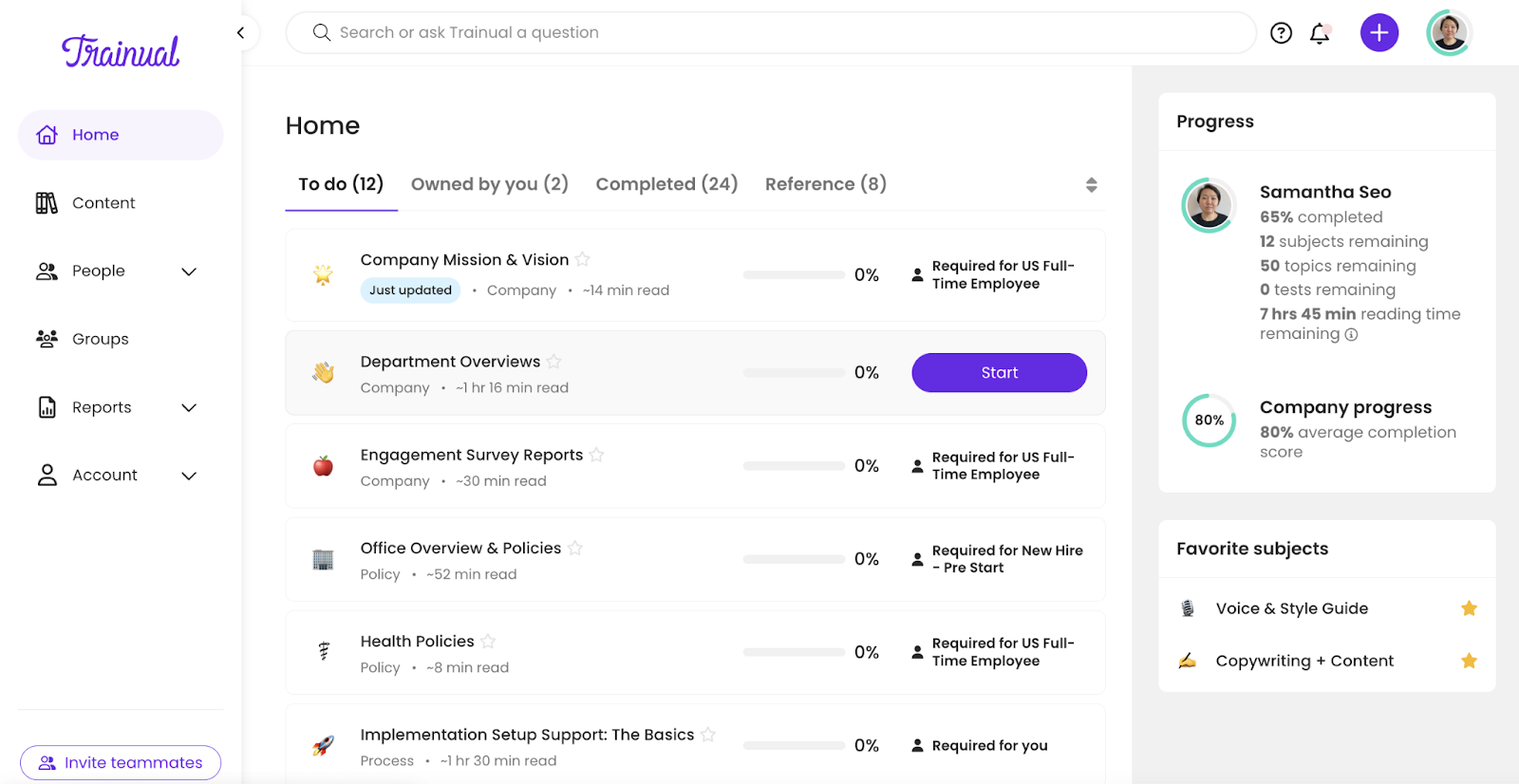 Screenshot showing the Trainual dashboard