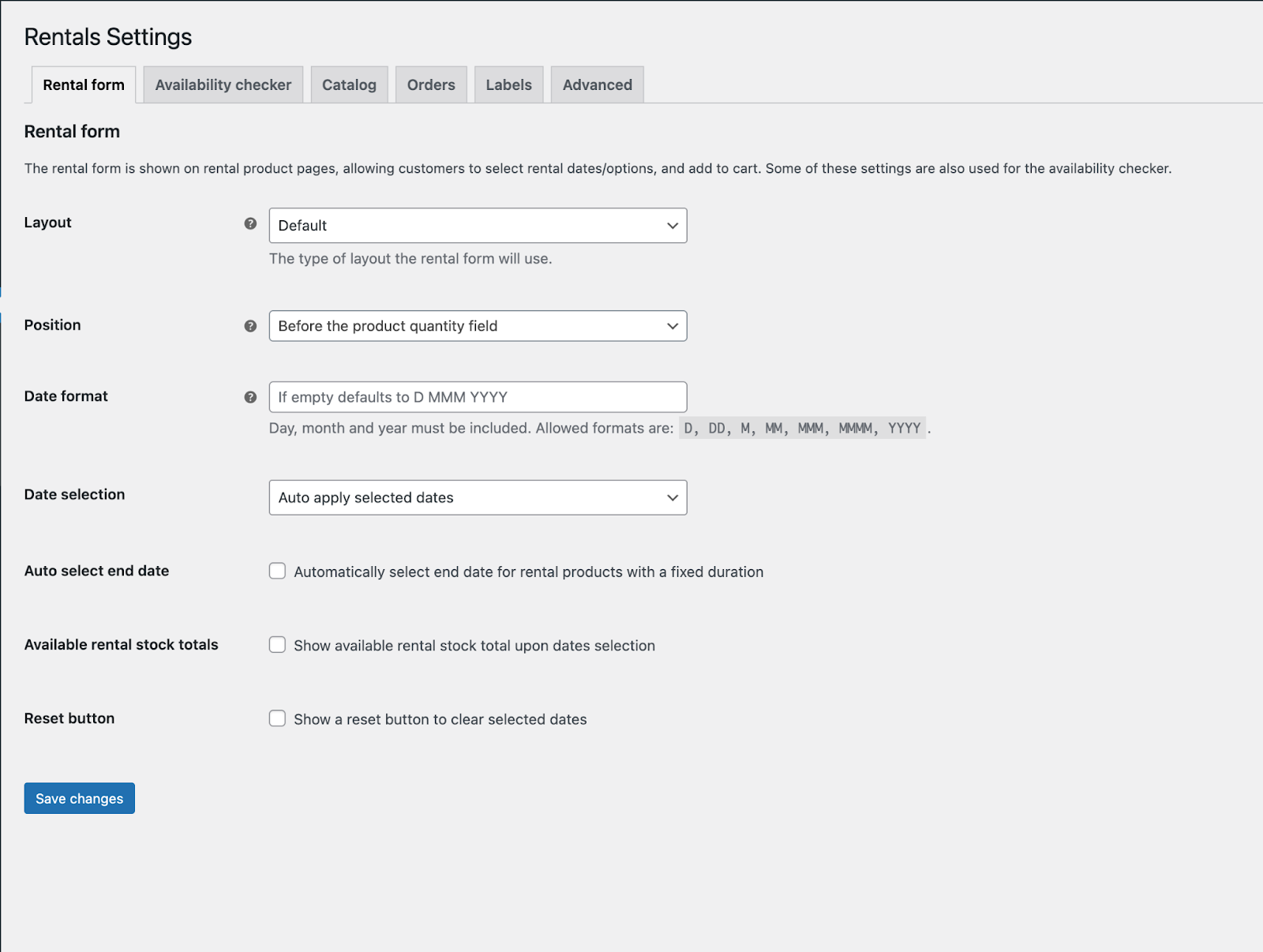 Configuring settings for the rental form on WooCommerce Rental Products