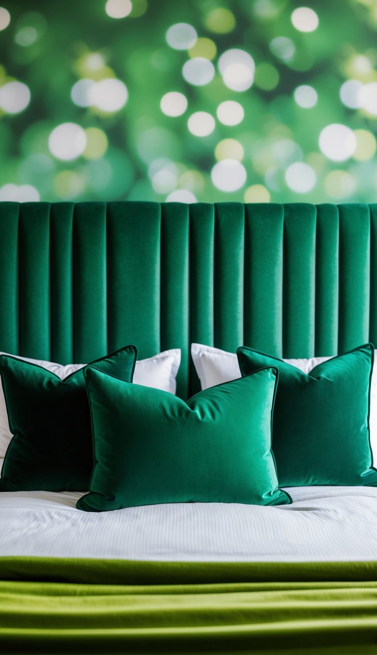 Emerald green throw pillows arranged on a bed in a green-themed bedroom