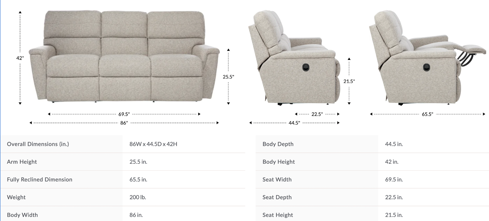 ava reclining sofa dimensions