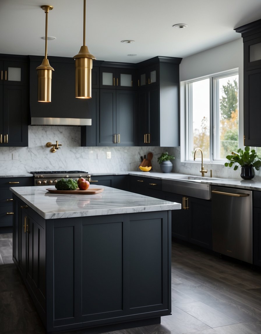 Slate Shade 32 Dark Gray Kitchen cabinets stand tall against a white wall, contrasting with stainless steel appliances and a marble countertop