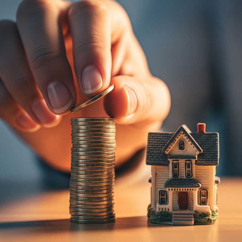 Tay xếp chồng các đồng xu cạnh tượng trưng ngôi nhà nhỏ