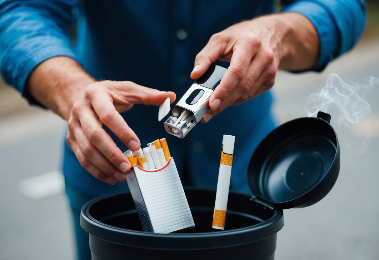 A person throwing away a pack of cigarettes and a vaping device into a trash can, symbolizing the act of quitting smoking and vaping