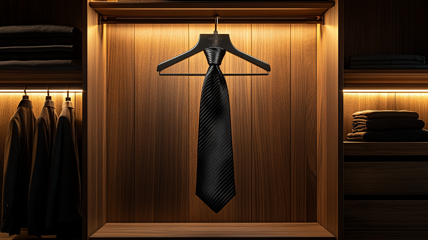 A sleek black tie hanging inside a modern wooden wardrobe. The tie is neatly draped over a velvet hanger, with soft ambient lighting highlighting its smooth, elegant texture. The dark wooden panels create a refined and sophisticated atmosphere. The background remains subtle to focus on the tie.