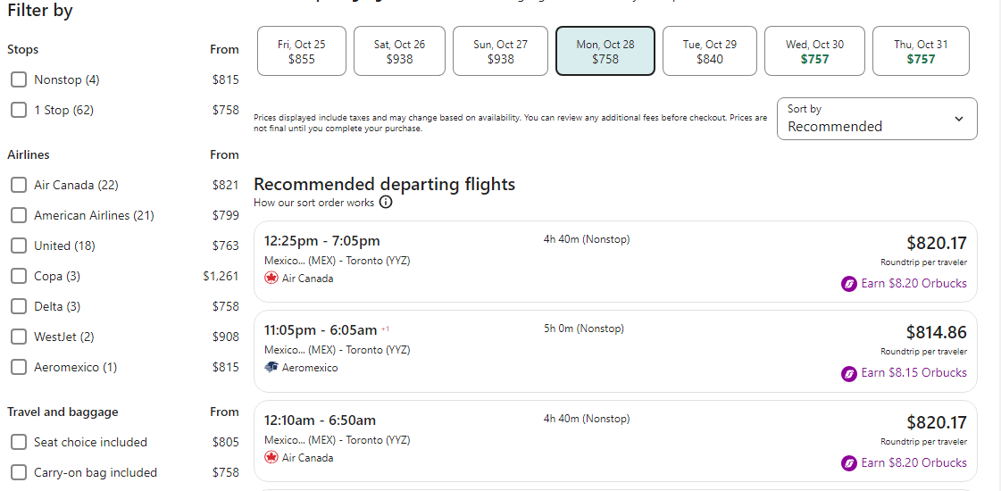 list of available airlines with airfare to choose from 
