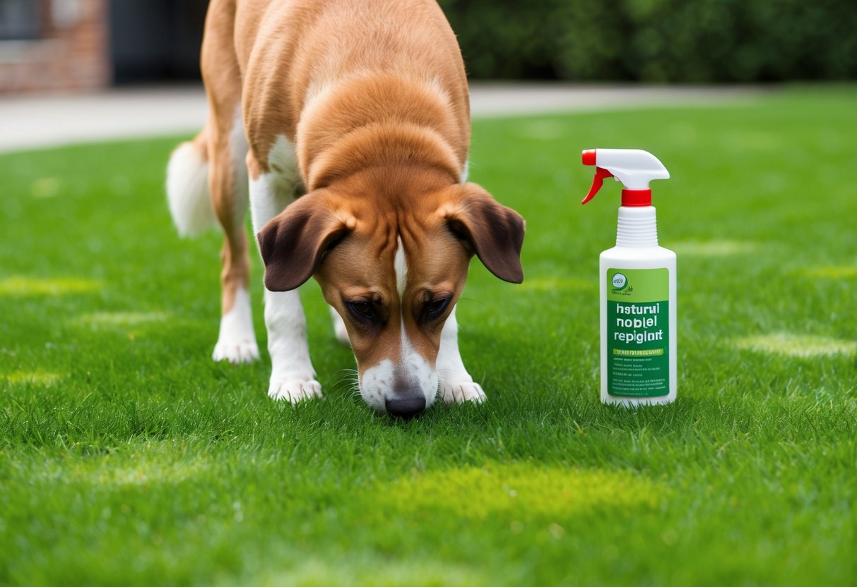 A dog urinating on a green grass lawn, with patches of brown spots and a spray bottle of natural repellent nearby