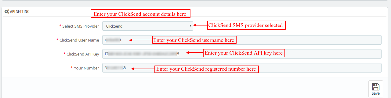 ClickSend configuration in module