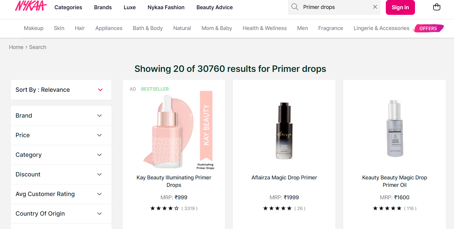 Nykaa provides recommendations on the search page to make product hunt easy