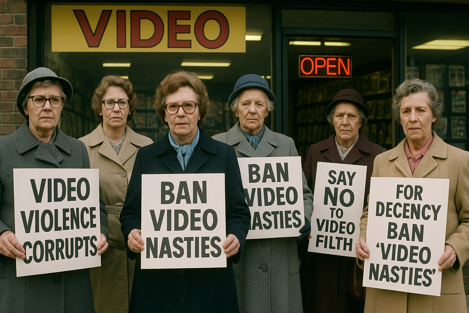 Retro photograph of women protesting the proliferation of video nasties