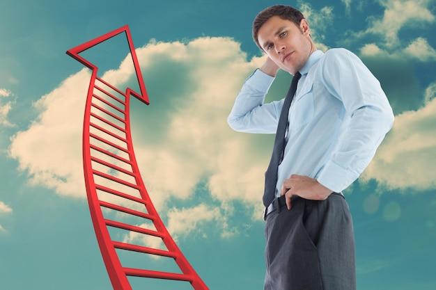 Thinking businessman with hand on head against red ladder arrow pointing up against sky