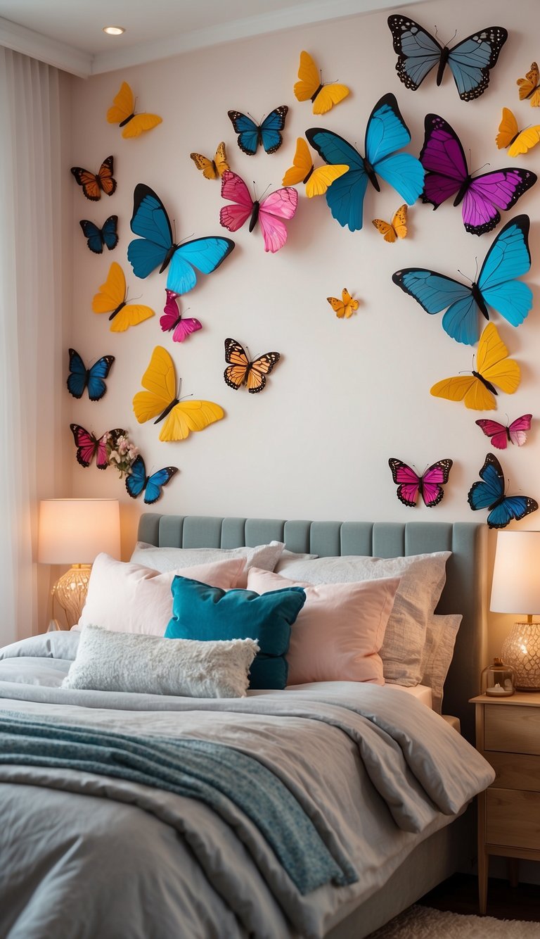 Colorful butterfly wall decals adorn a princess-themed bedroom, creating a whimsical and enchanting atmosphere