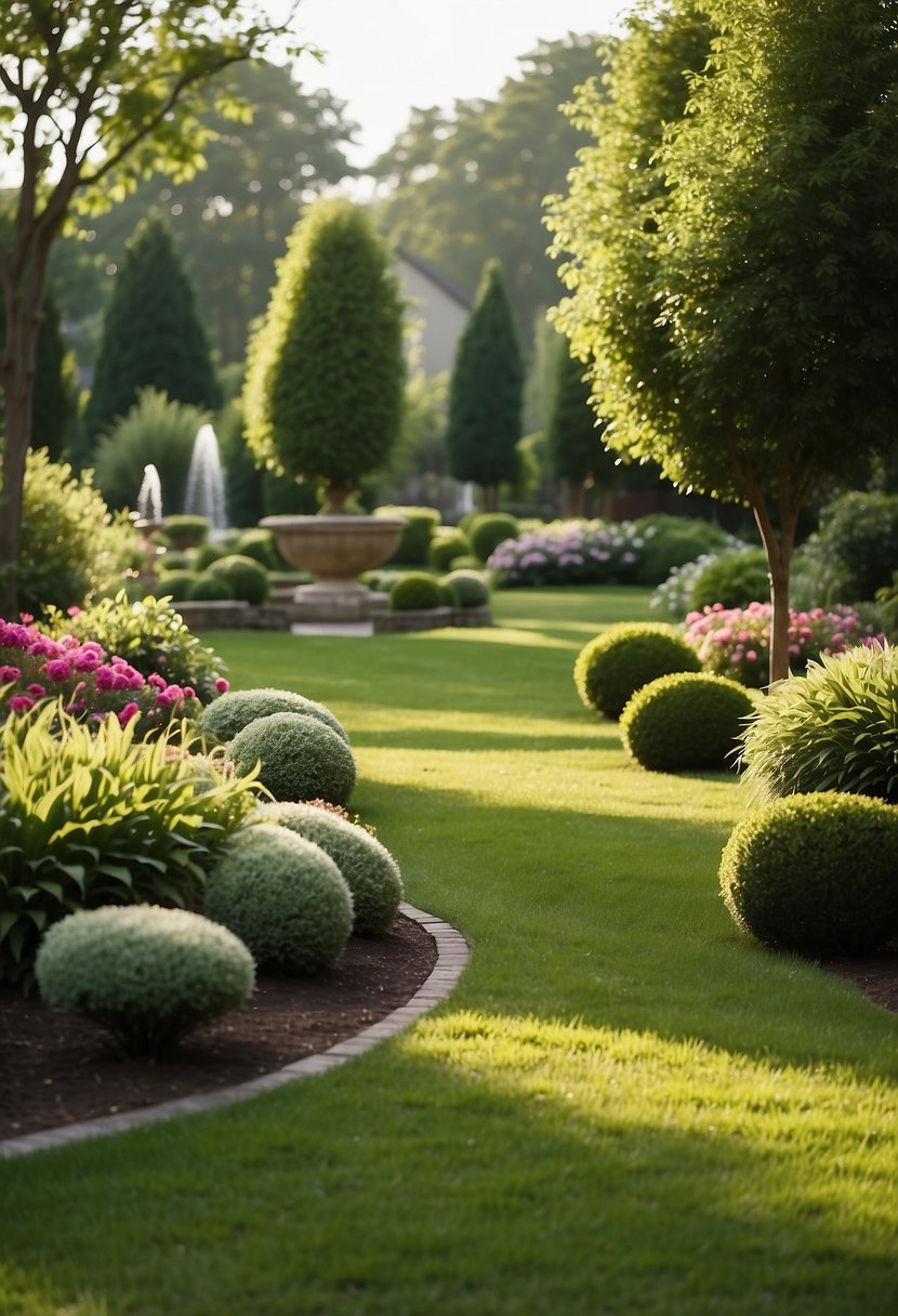 Lush green lawn with neatly trimmed edges. Colorful flower beds line the walkway. A small fountain adds a tranquil touch. Tall, healthy trees provide shade