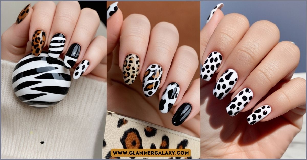 Close-up of hands with nails painted in various animal print designs, including cow spots and leopard spots.