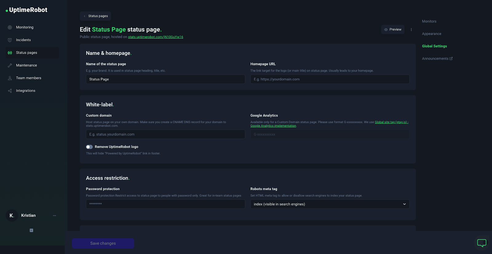UptimeRobot dashboard Step 5