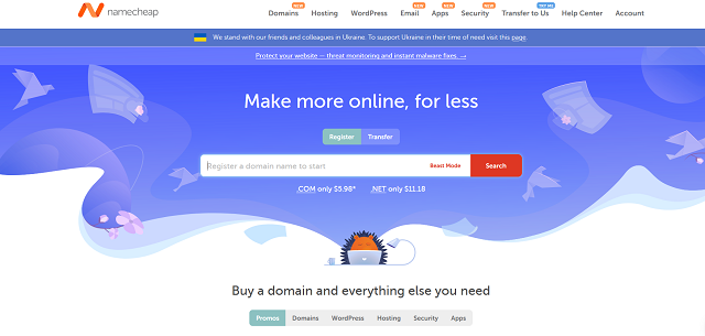 Screenshot of Namecheap home page.