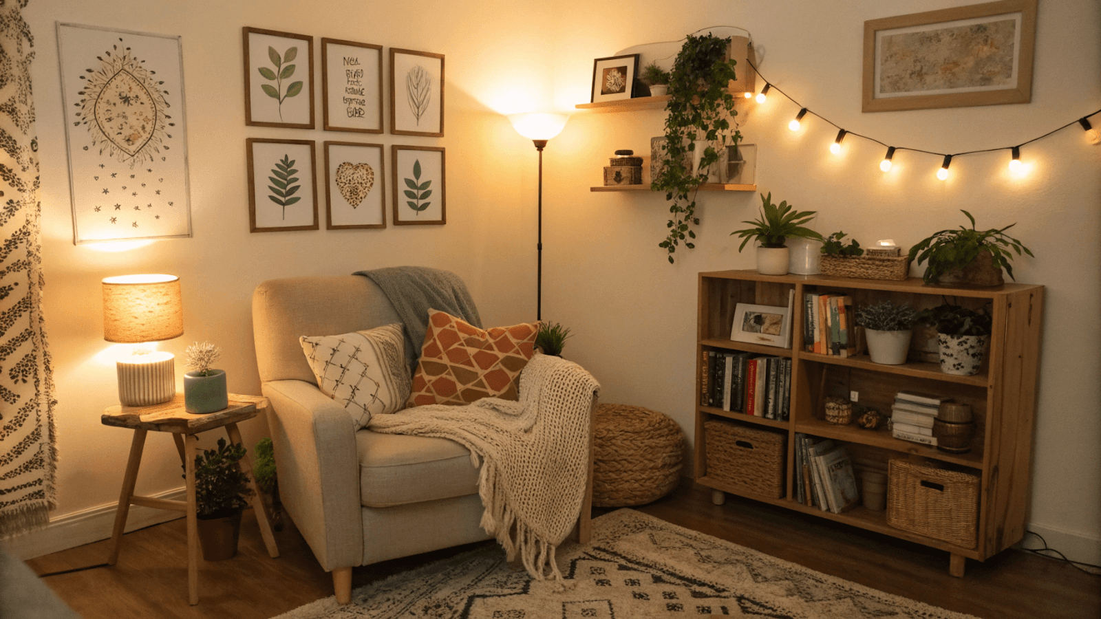 Cozy living room corner with DIY decorations and soft lighting