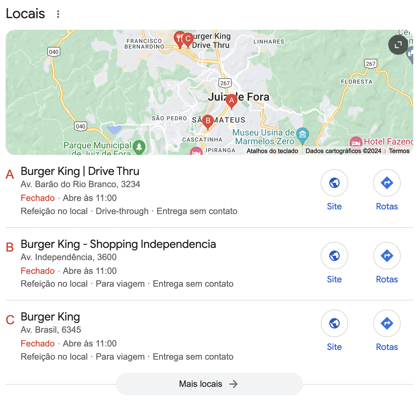 Exemplo de SEO no Google Meu negócio com o Burger King.