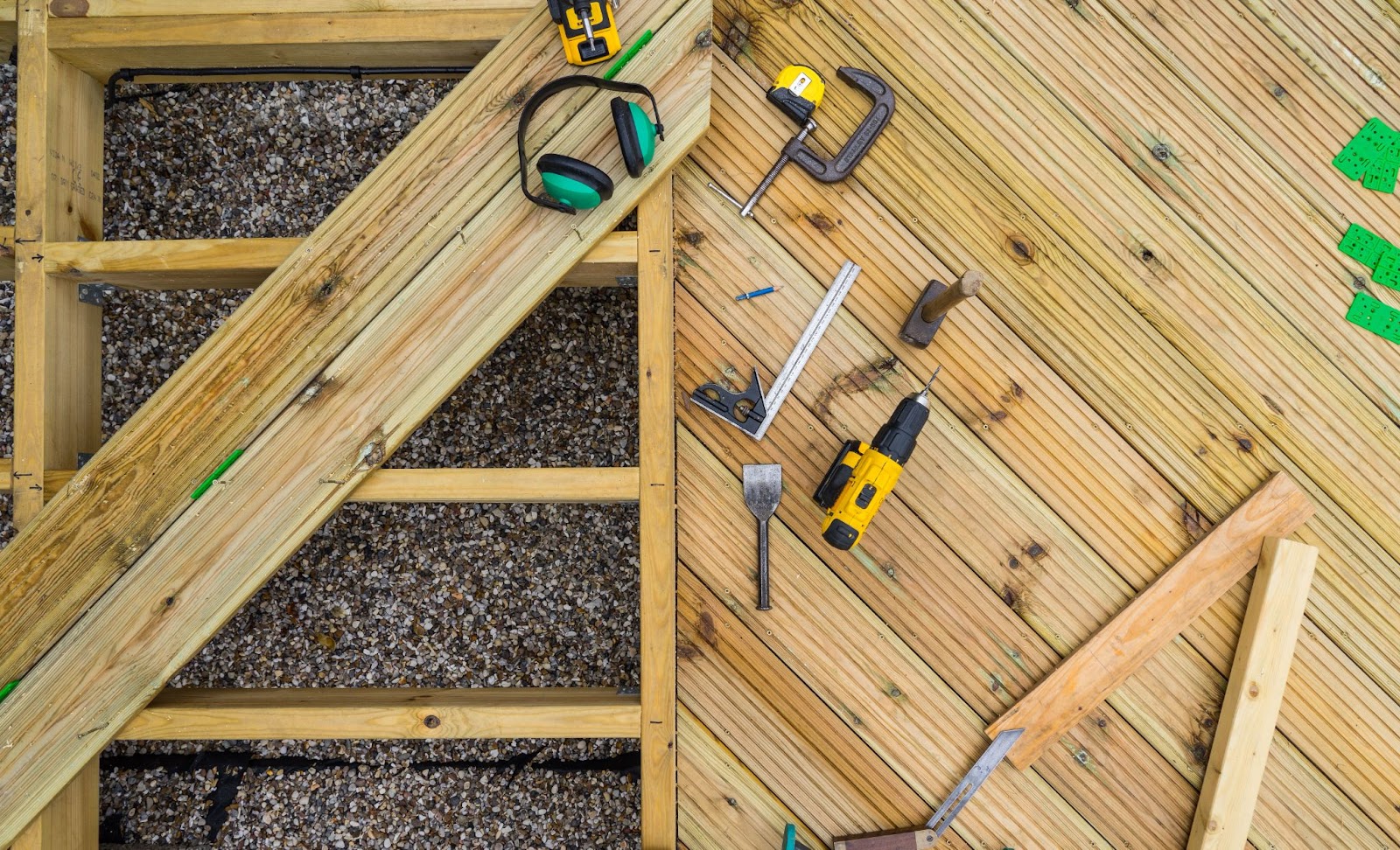 An aerial view of deck tools for construction.