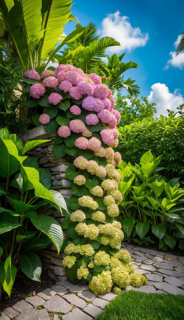 A lush tropical garden with vibrant hydrangeas cascading over a stone corner, surrounded by lush green foliage and a clear blue sky above