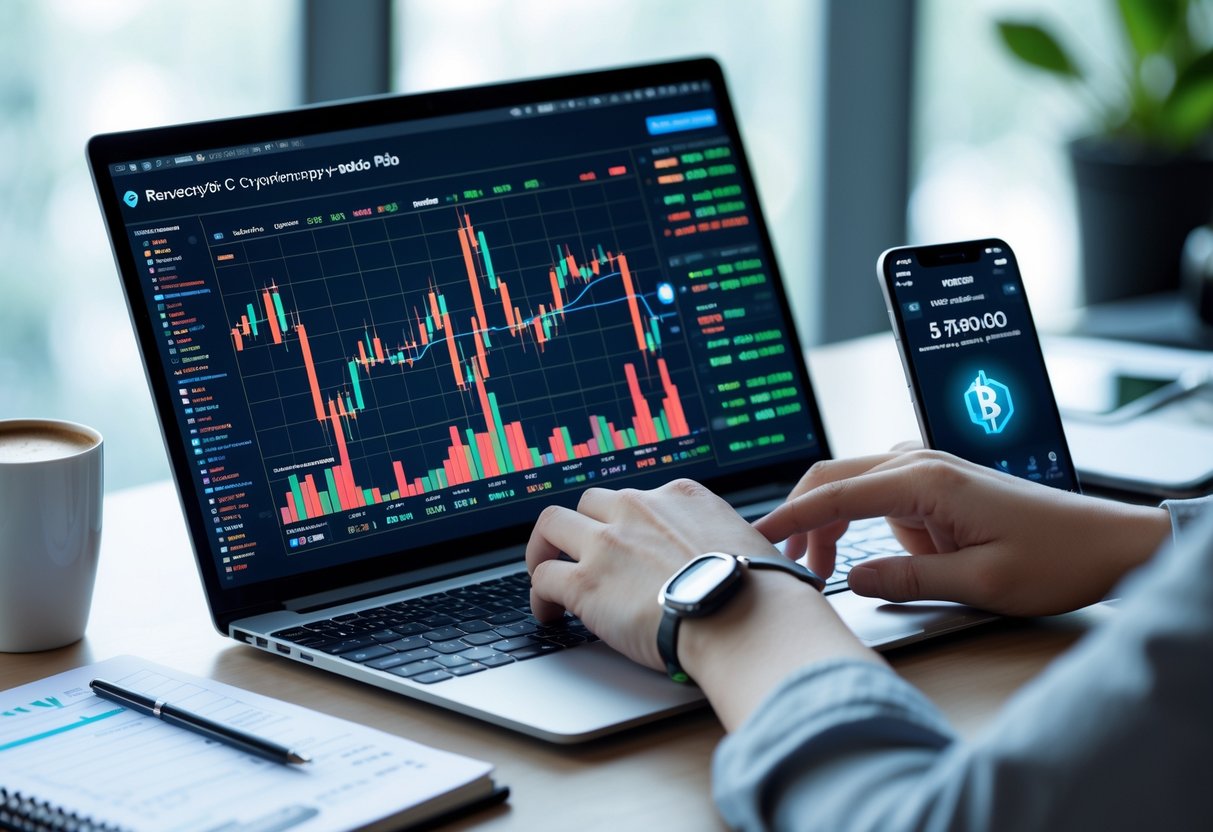 A person using a laptop and smartphone displaying cryptocurrency charts and digital wallet apps on a desk with a notebook and coffee cup.