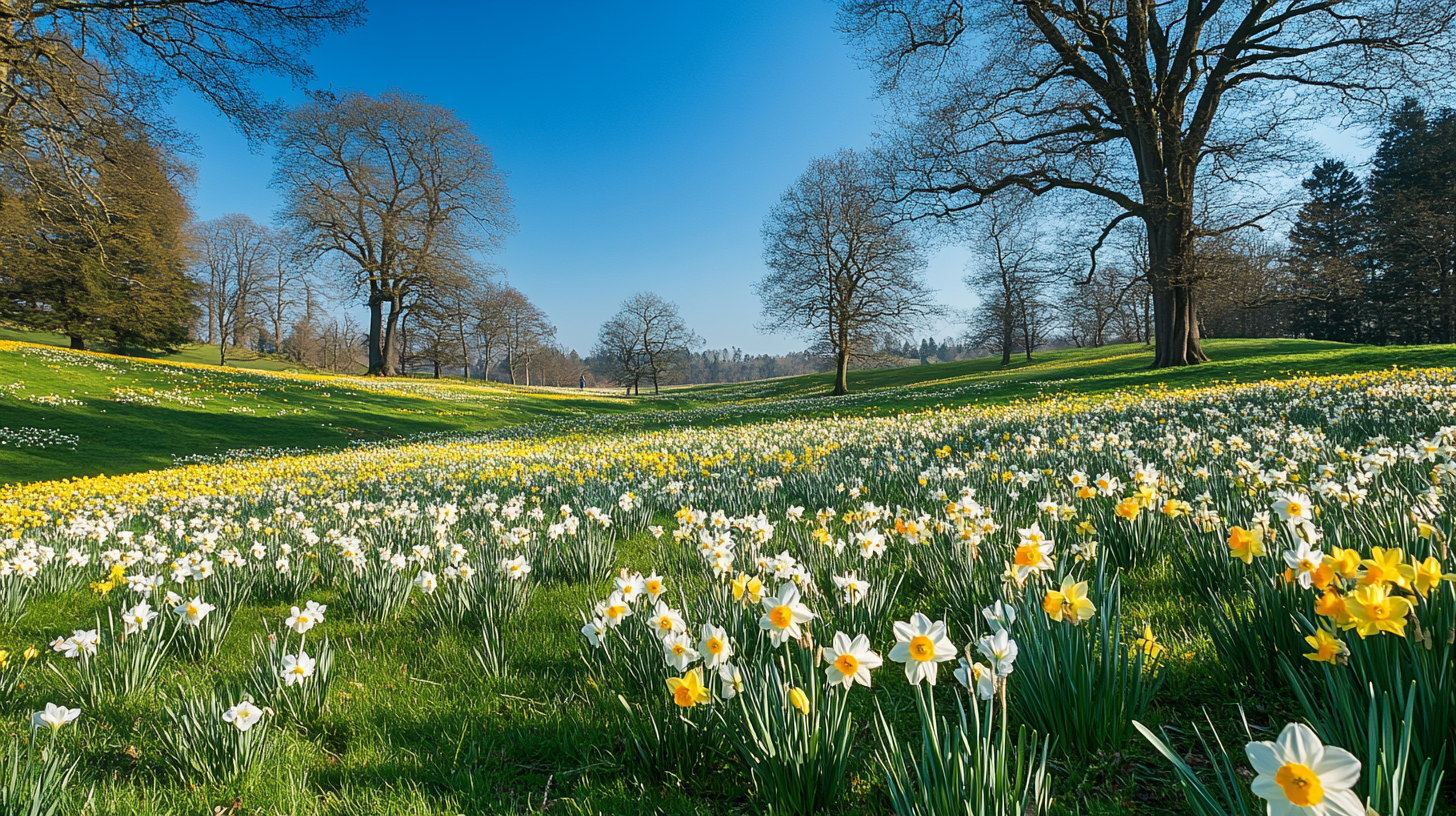 Campo de narcisos em várias tonalidades com árvores ao fundo e céu azul claro.