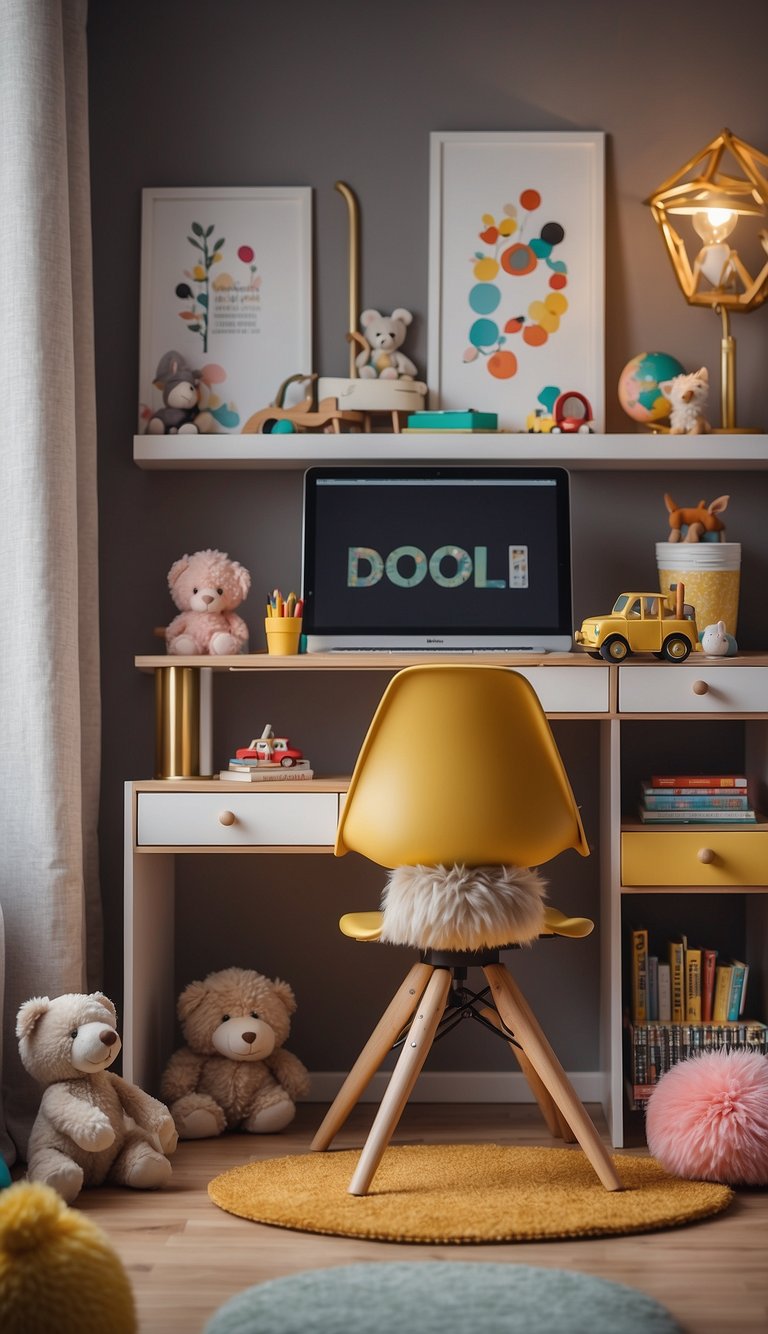 A colorful, modern children's desk sits in a luxurious bedroom, surrounded by toys and books. The desk is adorned with playful decorations and a comfortable chair