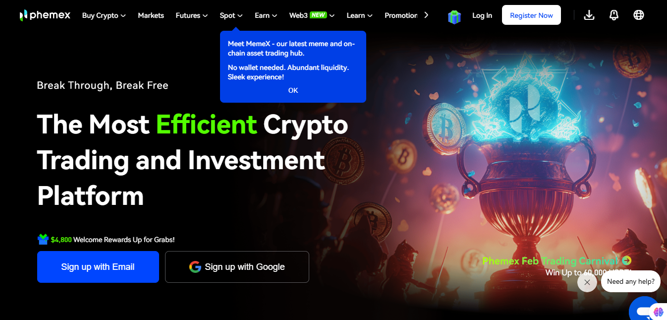 Phemex homepage