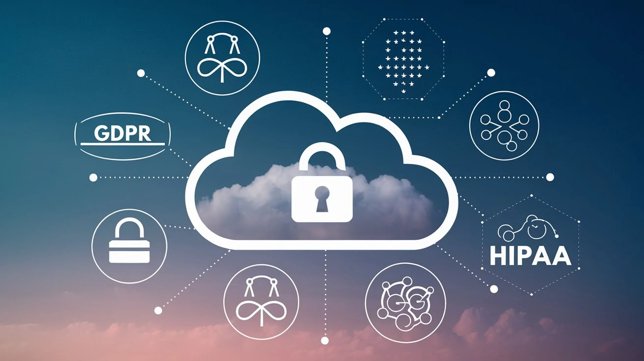 A cloud with a lock icon, surrounded by privacy symbols (like GDPR and HIPAA) to show data protection and compliance in SaaS solutions.