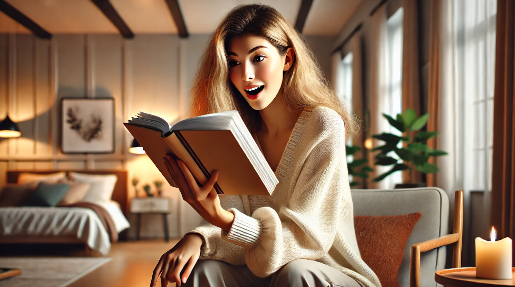 This image depicts a young woman, surprised and engaged, as she reads a book in a cozy, well-decorated room. She is seated comfortably in an armchair, wearing a soft, oversized sweater. The room is warmly lit, with tasteful decor including plants, candles, and art, creating a relaxing and inviting atmosphere. Her expression of delight and curiosity suggests she is deeply immersed in an intriguing or unexpected passage in the book.