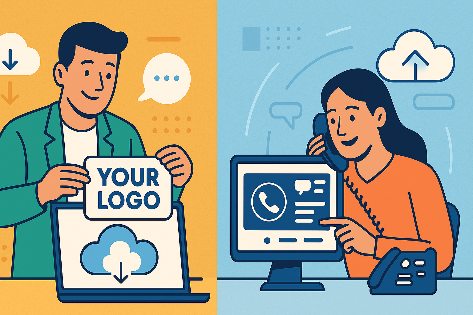 A business owner reselling VoIP services under their own brand while their client happily uses the system.