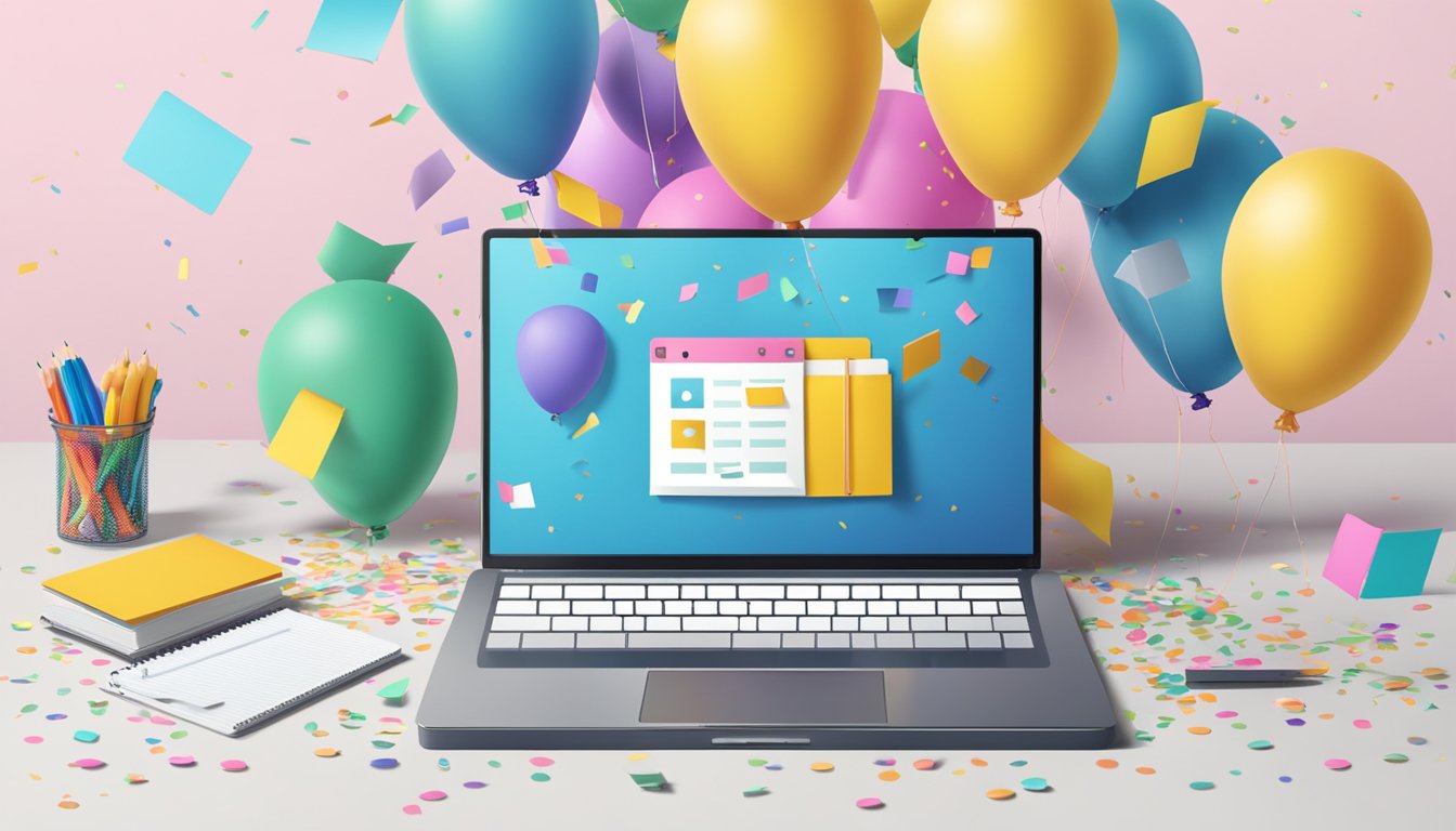 A table with a laptop, notebook, and pen. A product box, Amazon logo, and checklist on the screen. Balloons and confetti in the background