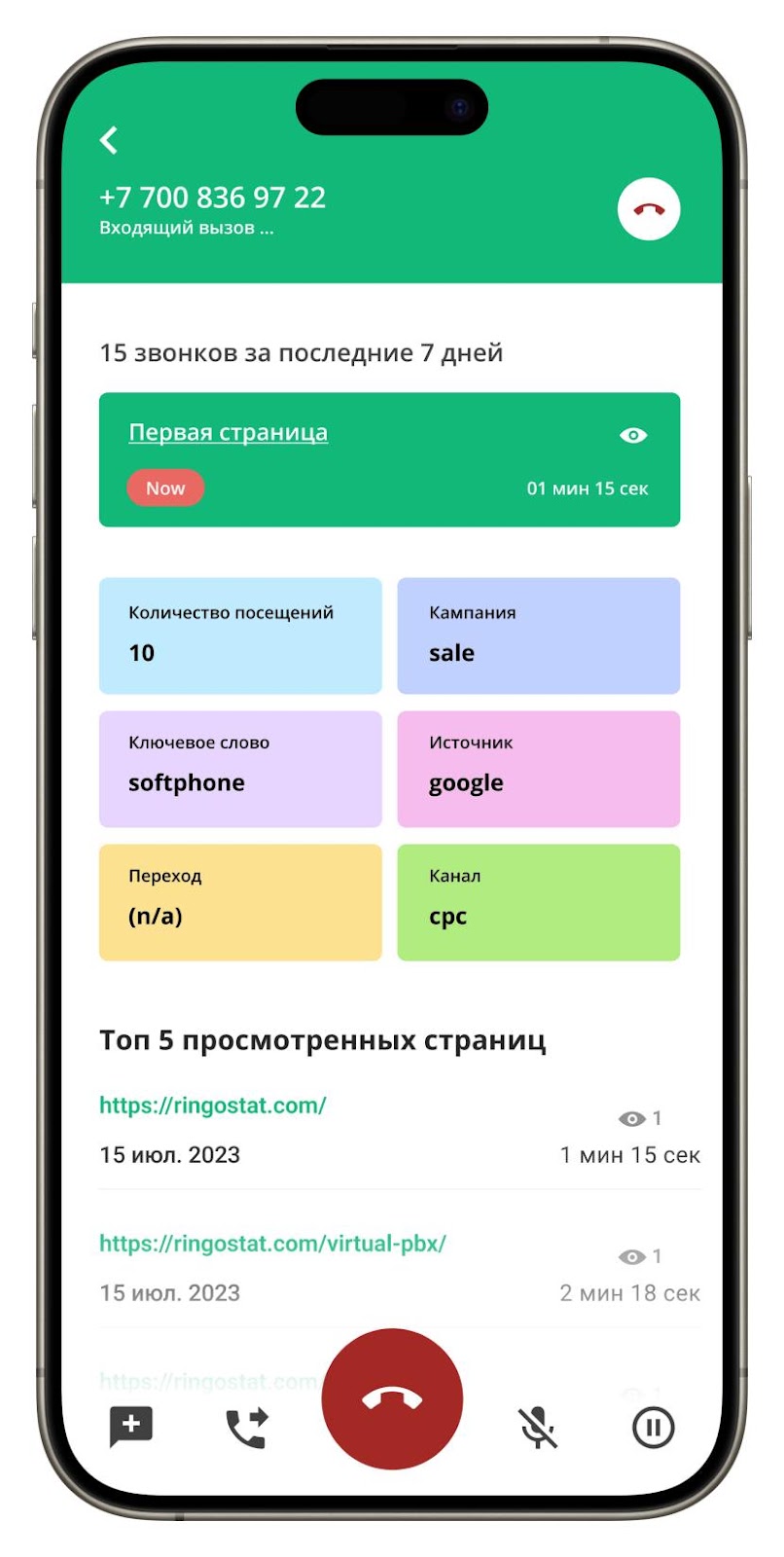 sales-решения, Ringostat Smart Phone, Пример информации о клиенте, которую показывает приложение Ringostat