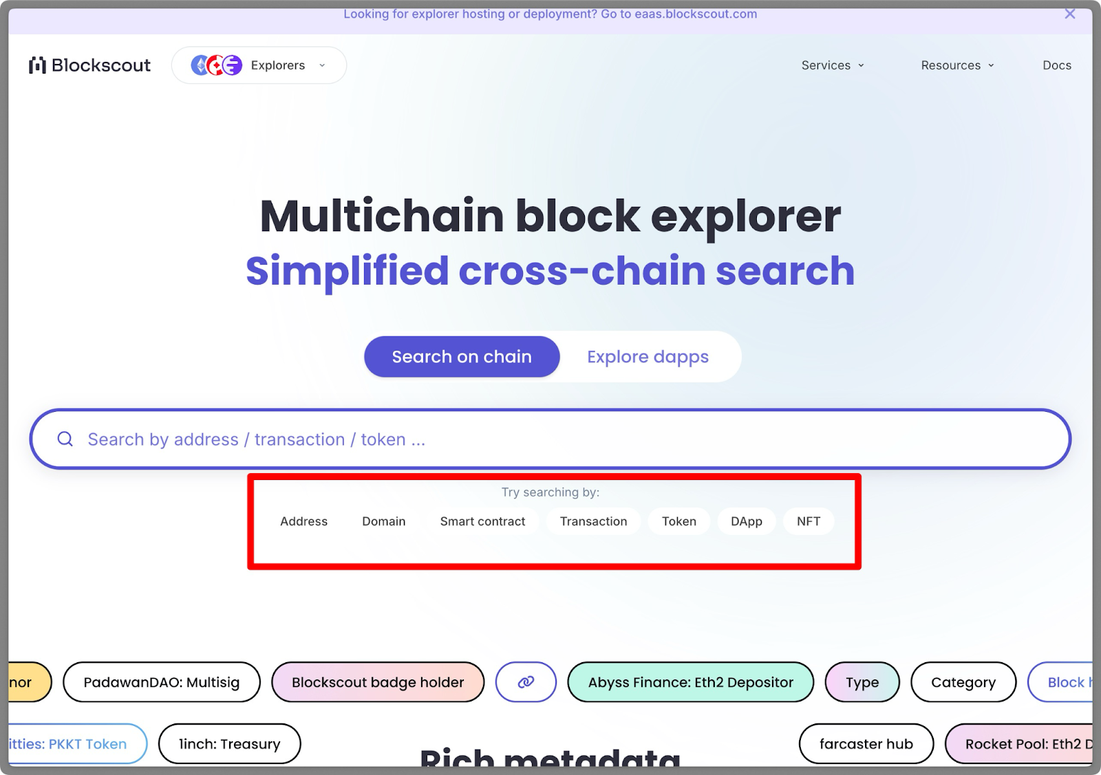 multichain block explorer search transactions address domain smart contract tokens dapps nfts
