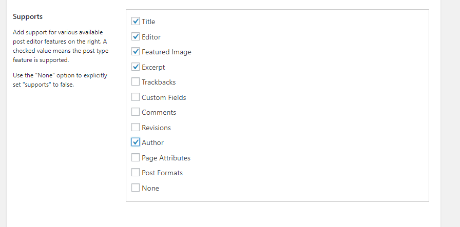 custom post type support list