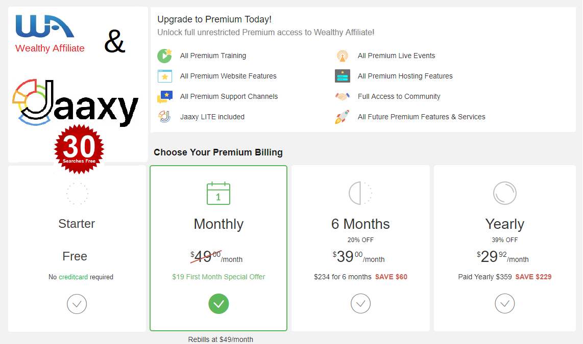 Options d'adhésion Wealthy Affiliate Jaaxy