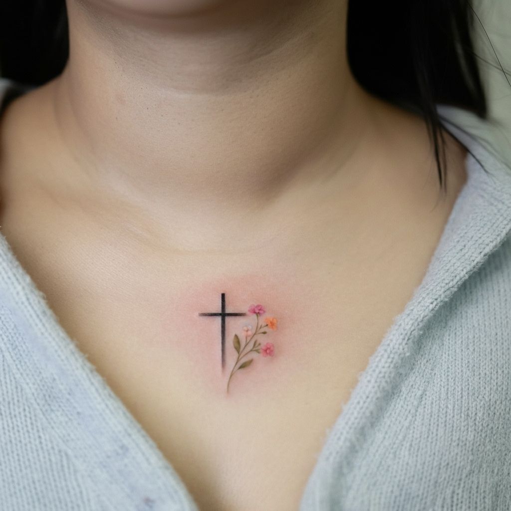 Cross with Flowers Tattoo on chest
