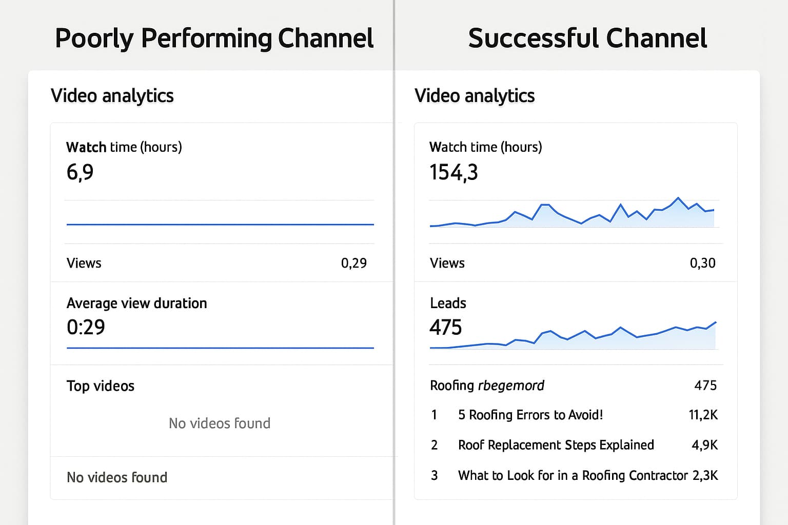 YouTube analytics comparison showing improved roofing business performance through effective video marketing and lead generation strategies.