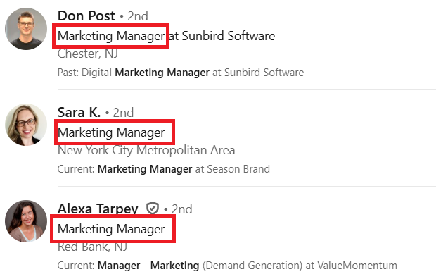 Three LinkedIn users that have red boxes over keywords. Showing what to search.