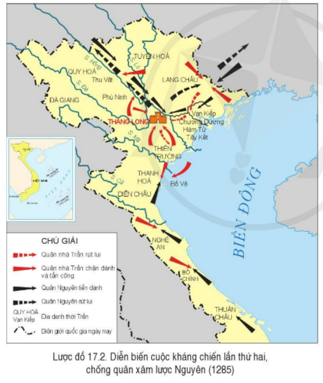 BÀI 17. BA LẦN KHÁNG CHIẾN CHỐNG QUÂN XÂM LƯỢC MÔNG NGUYÊN CỦA NHÀ TRẦN (THẾ KỈ XIII)1. Cuộc kháng chiến lần thứ nhất, chống quân xâm lược Mông Cổ (1258)Câu 1: Đọc thông tin, tư liệu và quan sát lược đồ 17.1, sơ đồ 17, hãy:- Tóm tắt diễn biến chính của cuộc kháng chiến lần thứ nhất, chống quân xâm lược Mông Cổ (1258).– Nêu vai trò của vua Trần Thái Tông và Thái sư Thần Thủ Đô trong cuộc kháng chiến.Đáp án chuẩn:+ Năm 1257, Mông Cổ lên kế hoạch đánh chiếm Nam Tống + Vua Trần Thái Tông xuống chiếu cho Trần Quốc Tuấn; truyền lệnh cả nước sắm sửa vũ khí, sẵn sàng chiến đấu.+ Ngày 17/1/1258: Ngột Lương Hợp Thai dẫn 3 vạn quân tiến vào Binh Là Nguyên + Vua Trần Thái Tông ra trận, trực tiếp chỉ huy chiến đấu, sau đó chủ động rút lui.+ Ngày 21/1/1258,  Nhân dân thực hiện kế  thanh dã