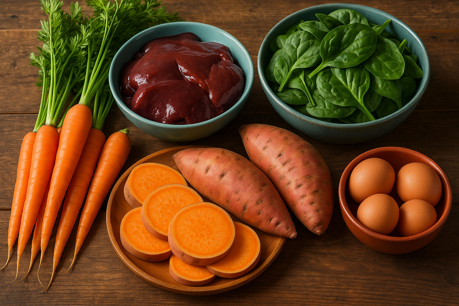 A vibrant and colorful photorealistic shot capturing a diverse assortment of foods rich in Vitamin A, including carrots, sweet potatoes, spinach, liver, and eggs, arranged on a rustic wooden table, showcasing the variety of dietary sources available, photographed with natural light to enhance the colors and textures of the foods.