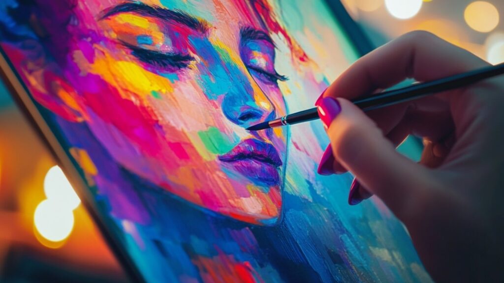 Artist painting online using layers and digital brushes on tablet