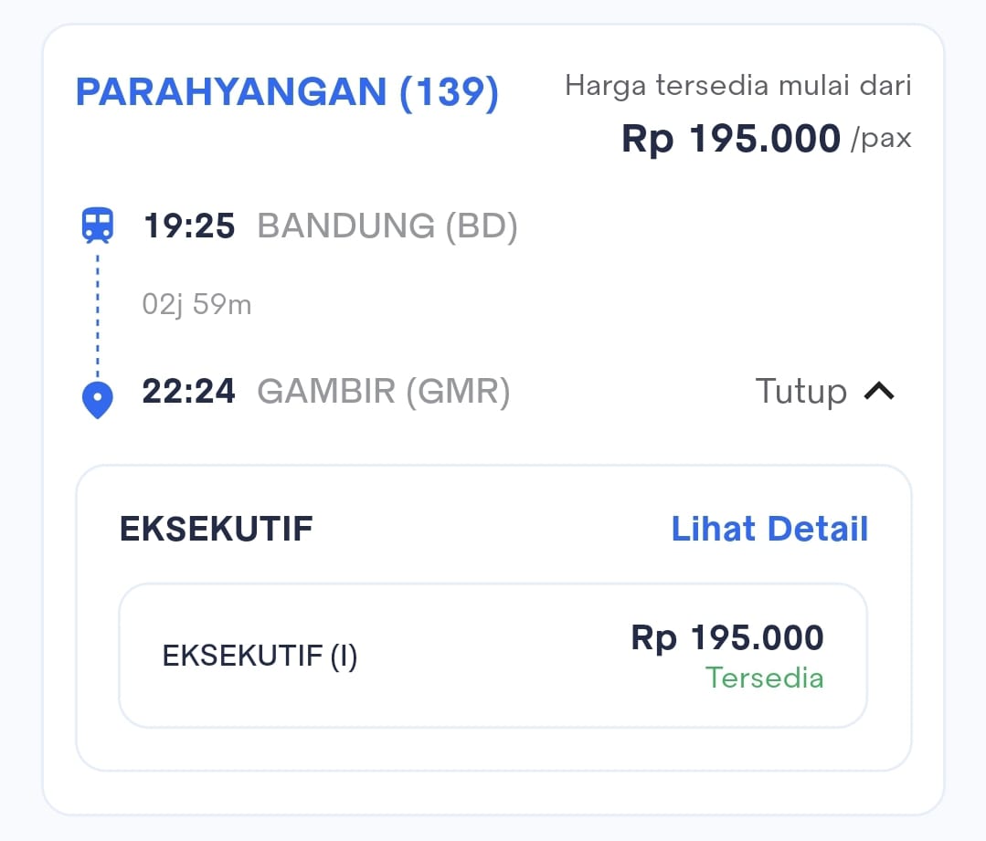 Harga Tiket KA Parahyangan (139) Bandung (BD) – Gambir (GMR)