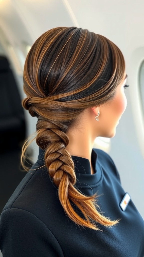 A flight attendant with a sleek low ponytail featuring a twist, showcasing polished hair and a professional look.