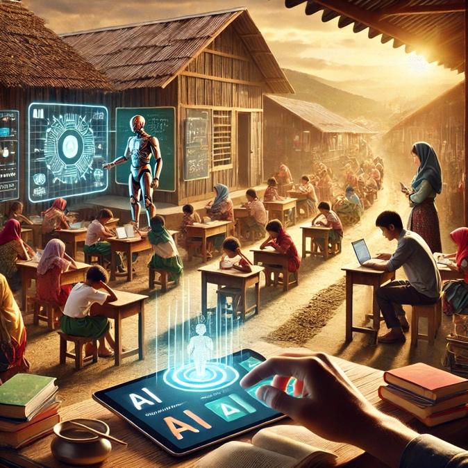 An image depicting the intersection of AI and education in developing nations. The scene shows a classroom in a rural, developing area, where a teacher is using a tablet to connect students with an AI-driven educational platform. The classroom has diverse students engaged with technology, including a screen displaying AI-powered lessons in local languages. The setting includes elements of rural life, with a blend of traditional and modern learning tools, highlighting the potential of AI in transforming education for disadvantaged communities. The image should convey hope, progress, and accessibility through technology in education.