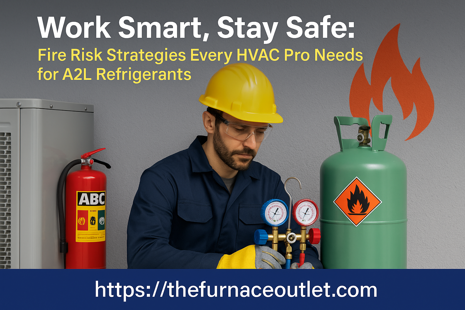HVAC technician conducting a fire risk assessment, inspecting refrigerant lines and equipment layout for potential hazards