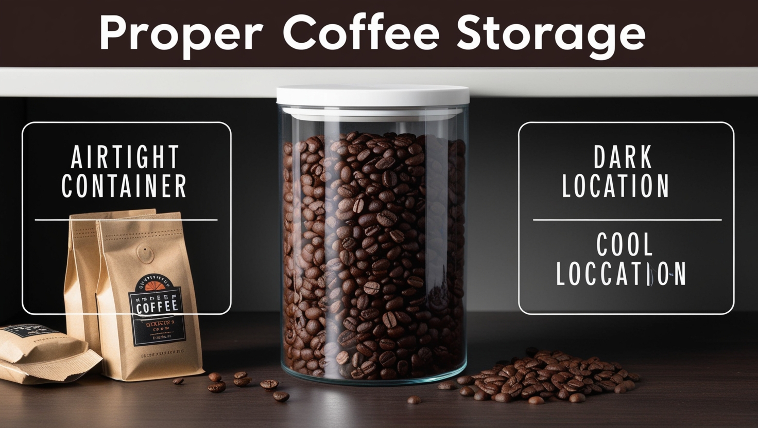 A glass jar filled with coffee beans sits on a countertop. The jar has a white lid and is labeled "Proper Coffee Storage." Nearby are smaller coffee bags and the text "Airtight Container," "Dark Location," and "Cool Location."